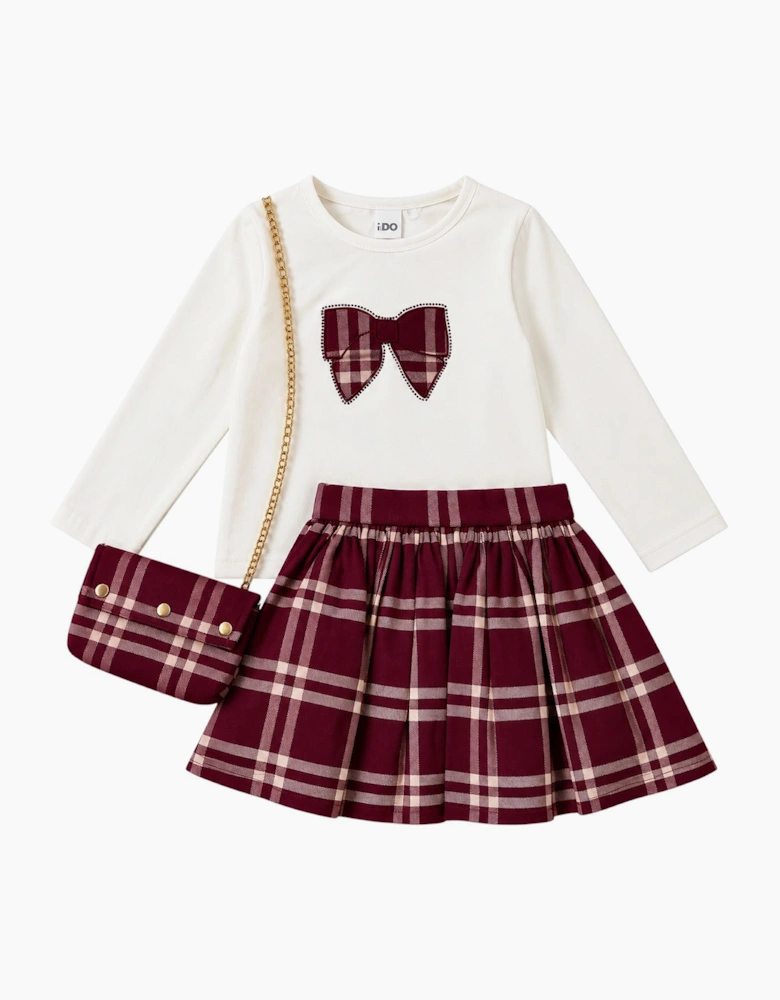 Girls Burgundy Check Skirt Set with Bag