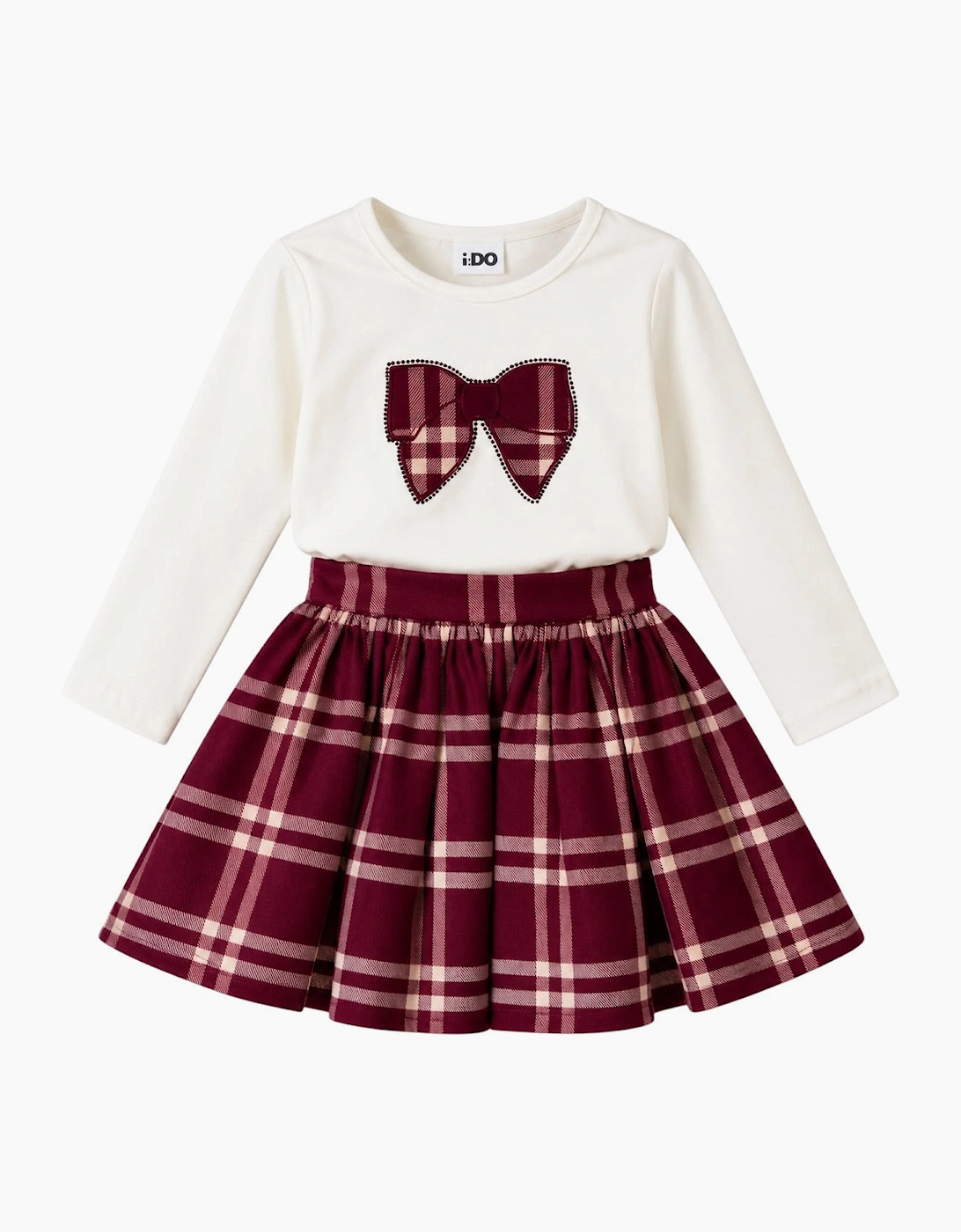 Girls Burgundy Check Skirt Set with Bag