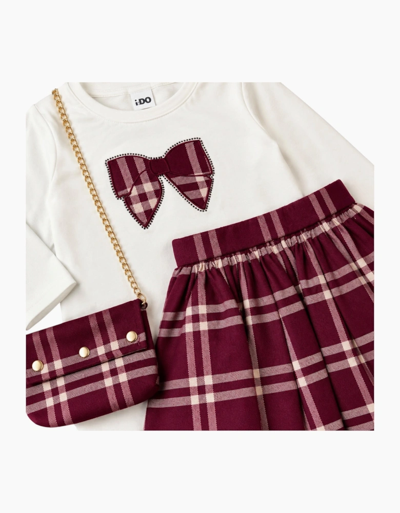 Girls Burgundy Check Skirt Set with Bag