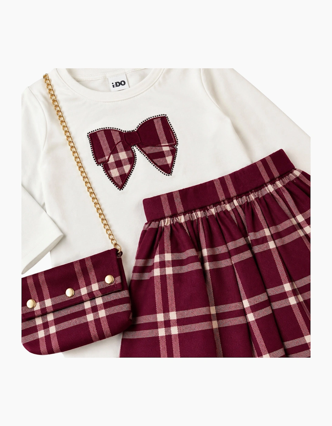 Girls Burgundy Check Skirt Set with Bag
