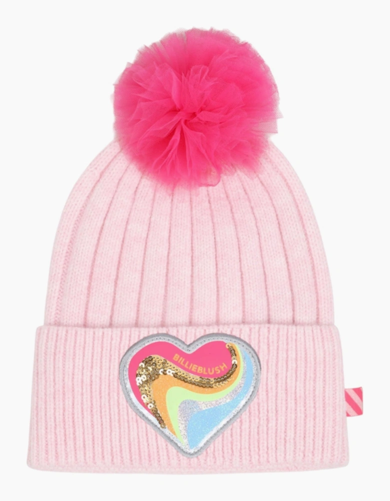 Girls Pink Heart Tulle Bobble Hat