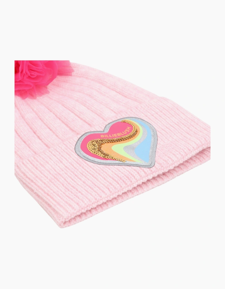 Girls Pink Heart Tulle Bobble Hat