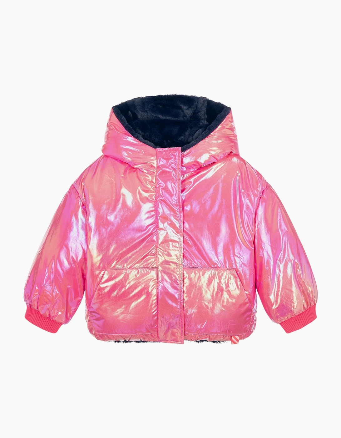 Girls Pink Navy Fluffy Reversible Puffer Coat