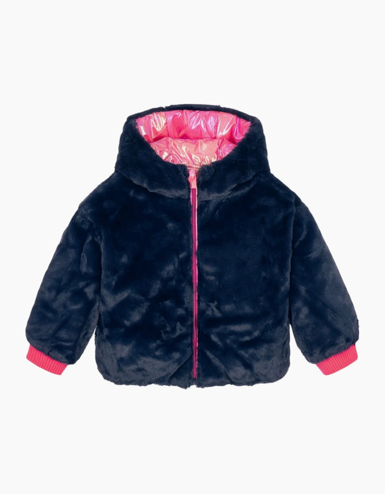 Girls Pink Navy Fluffy Reversible Puffer Coat