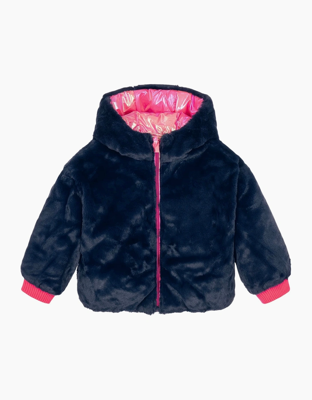 Girls Pink Navy Fluffy Reversible Puffer Coat