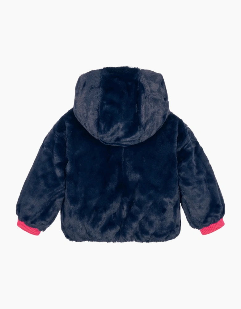 Girls Pink Navy Fluffy Reversible Puffer Coat