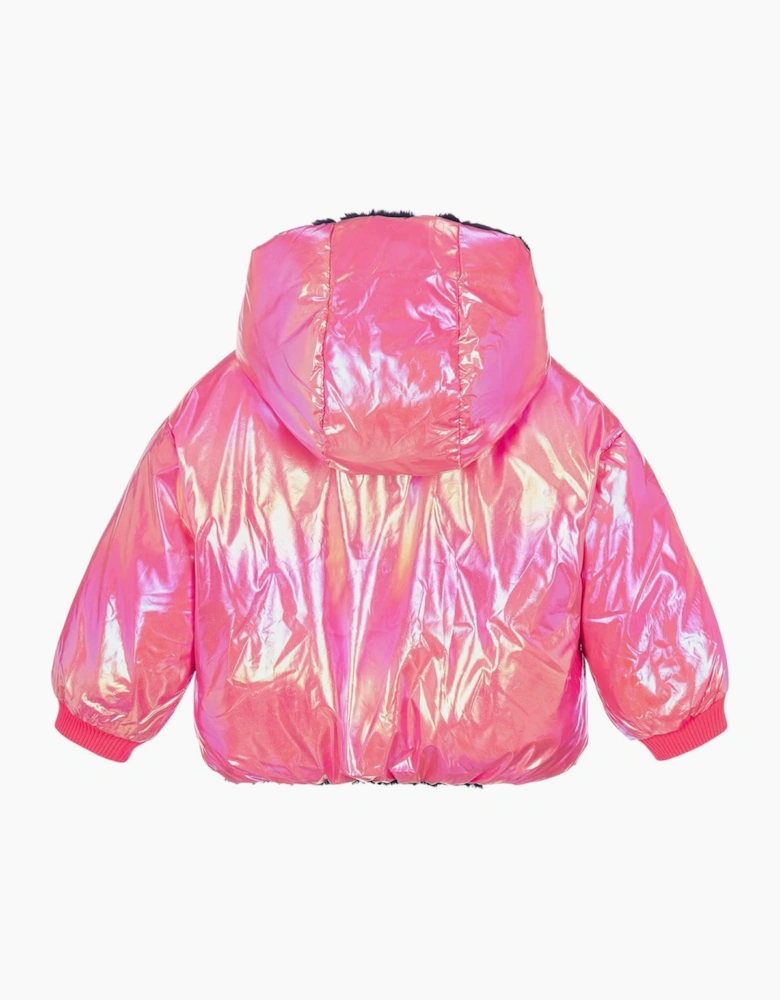 Girls Pink Navy Fluffy Reversible Puffer Coat
