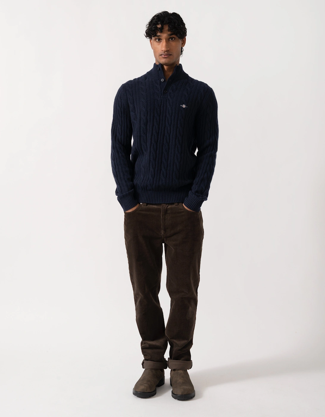 GANT Mens Lambswool Cable Half Button Sweater - 433 Evening Blue