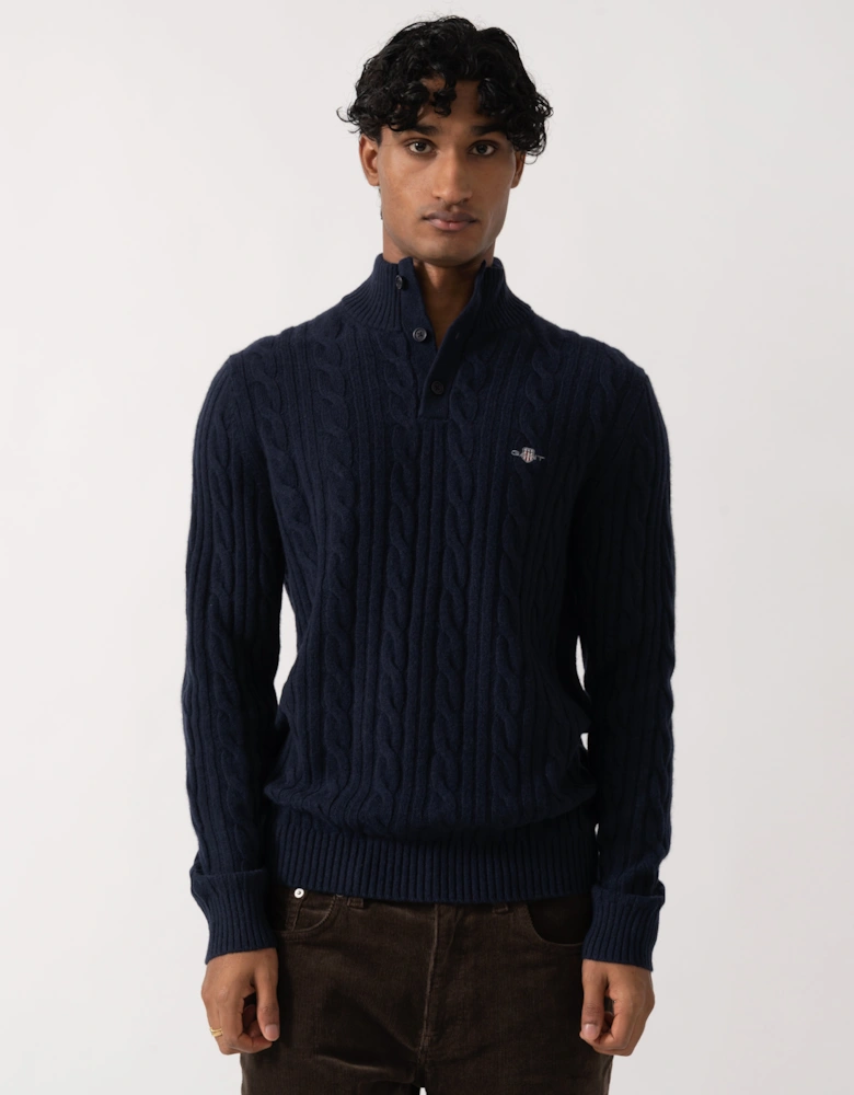 GANT Mens Lambswool Cable Half Button Sweater - 433 Evening Blue