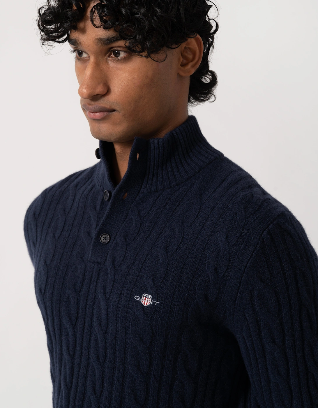 GANT Mens Lambswool Cable Half Button Sweater - 433 Evening Blue