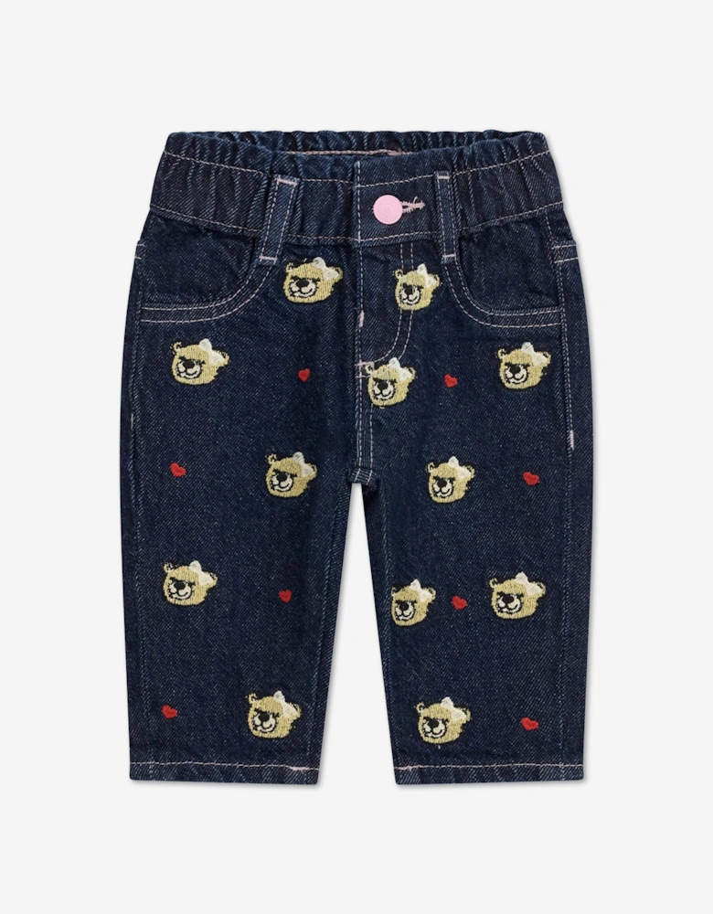 Guess Girls Embroidered Bear Mom Fit Jeans in Blue