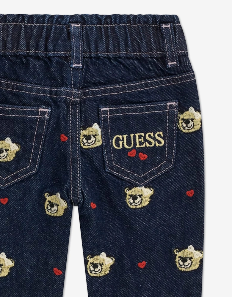 Guess Girls Embroidered Bear Mom Fit Jeans in Blue