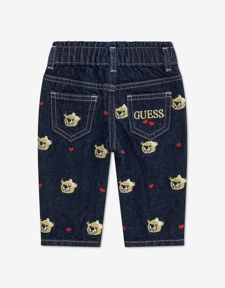 Guess Girls Embroidered Bear Mom Fit Jeans in Blue