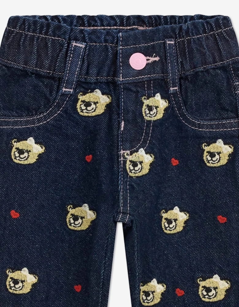 Guess Girls Embroidered Bear Mom Fit Jeans in Blue