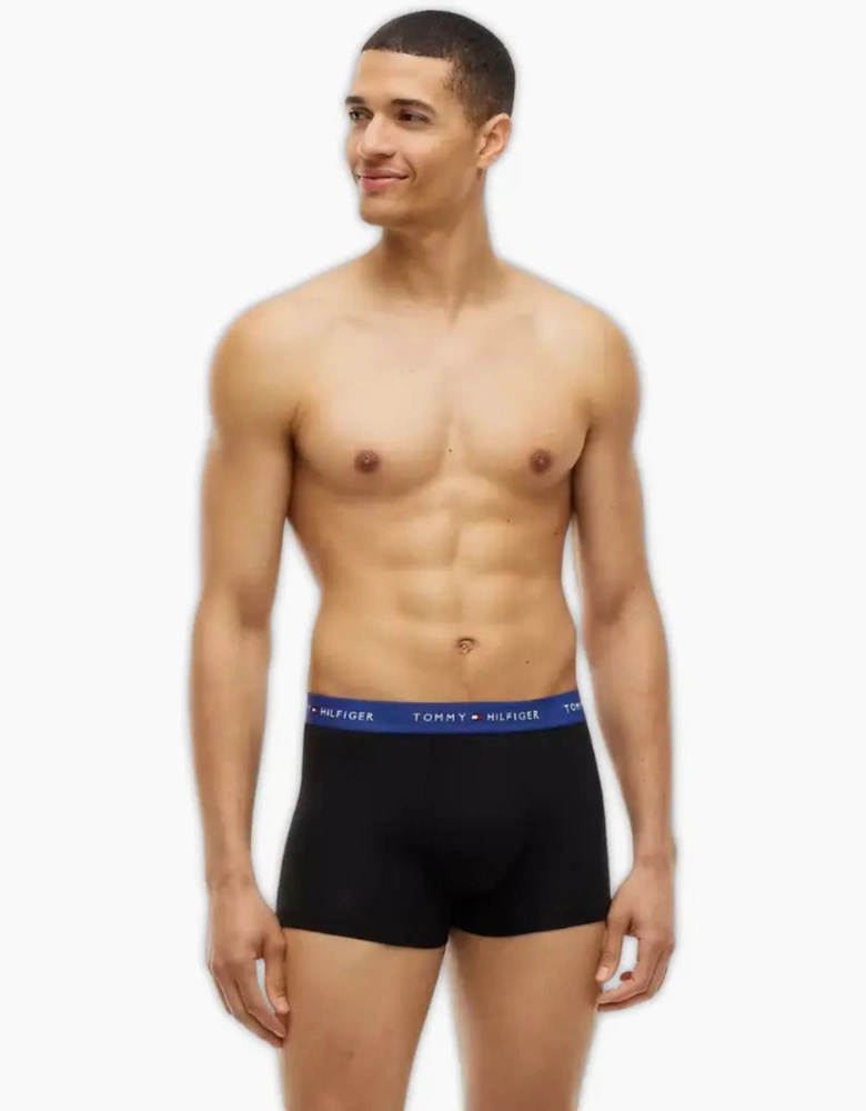 3-Pack Signature Cotton Boxer Trunks, Black w/ blue/burgundy/blue