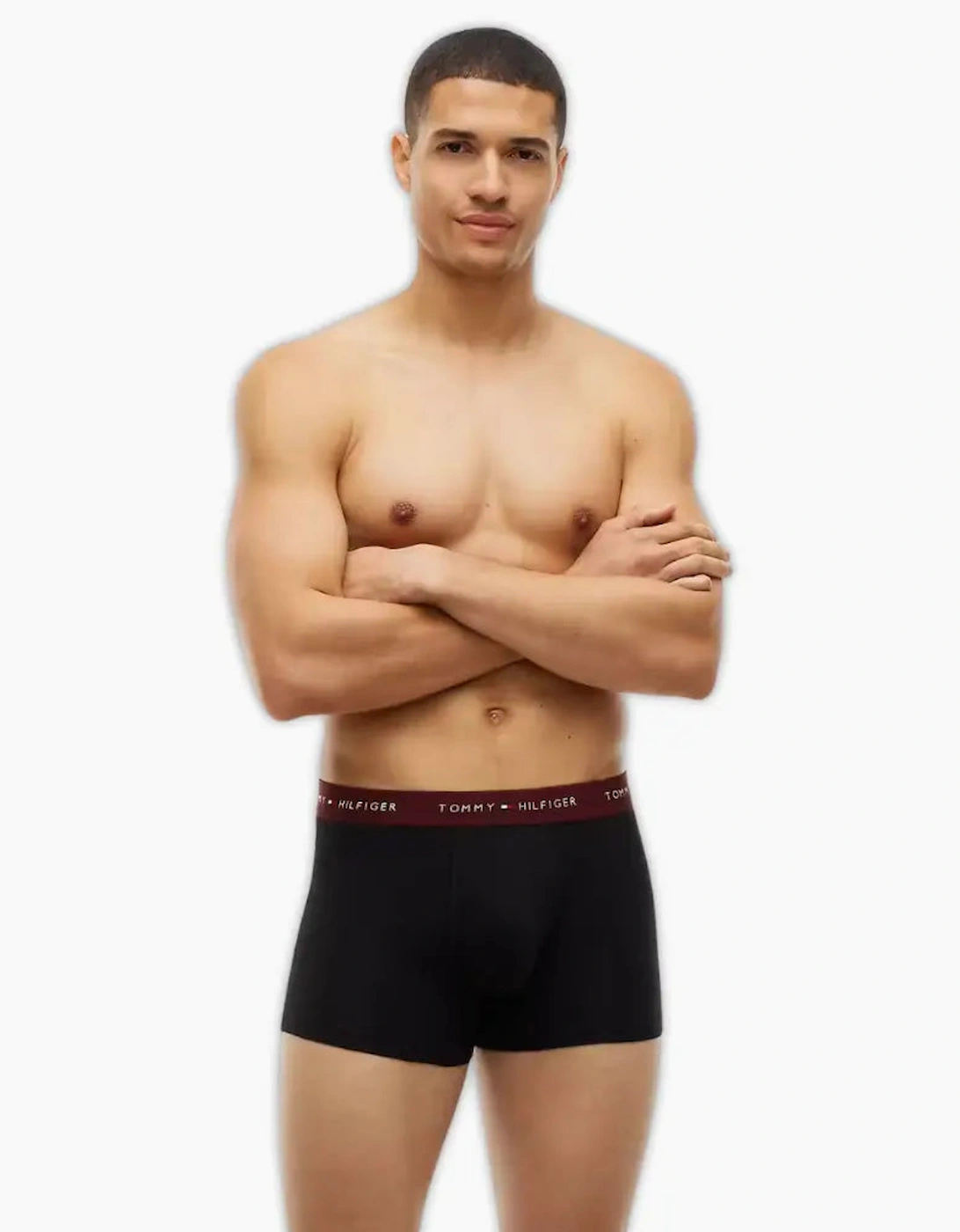 3-Pack Signature Cotton Boxer Trunks, Black w/ blue/burgundy/blue