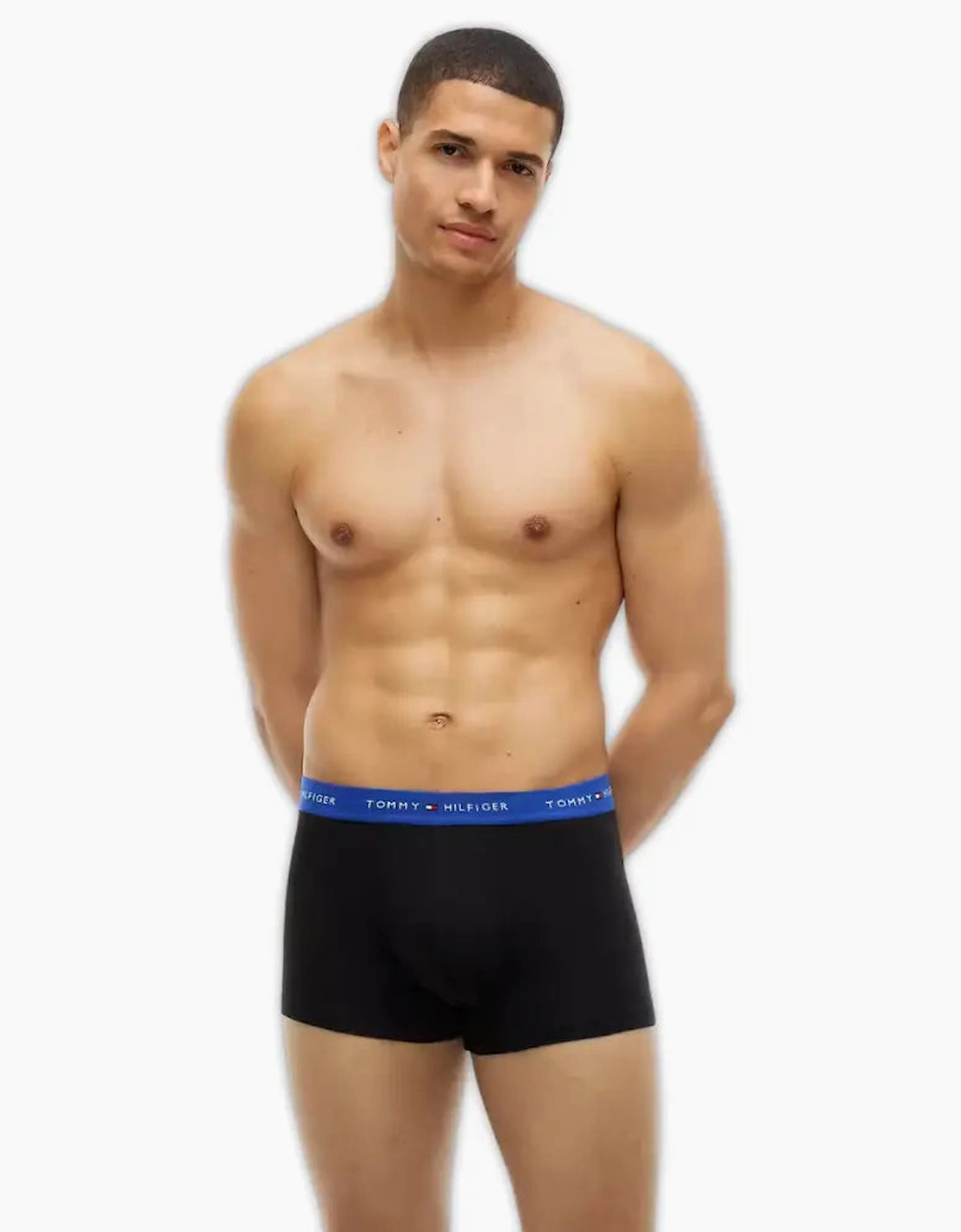 3-Pack Signature Cotton Boxer Trunks, Black w/ blue/burgundy/blue