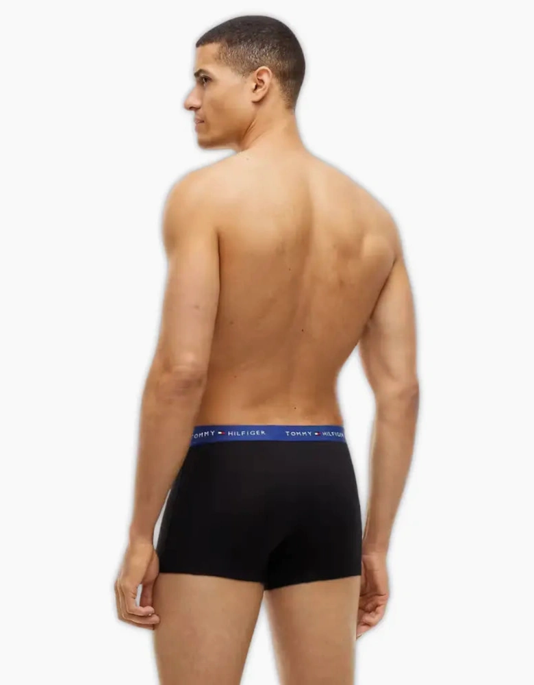 3-Pack Signature Cotton Boxer Trunks, Black w/ blue/burgundy/blue