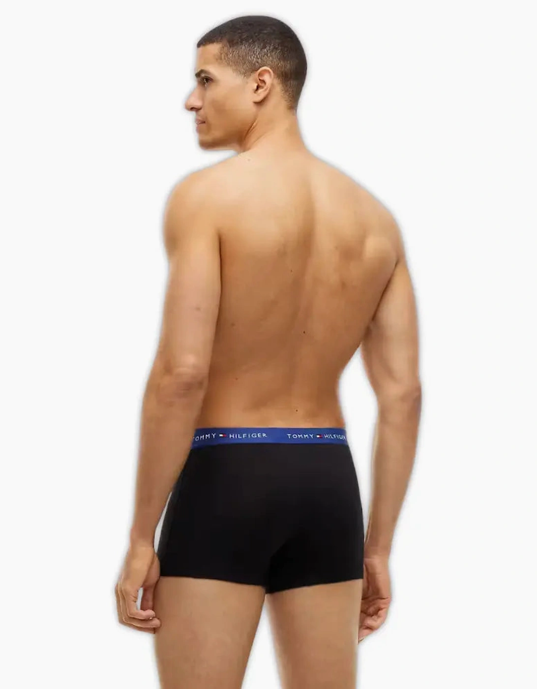 3-Pack Signature Cotton Boxer Trunks, Black w/ blue/burgundy/blue