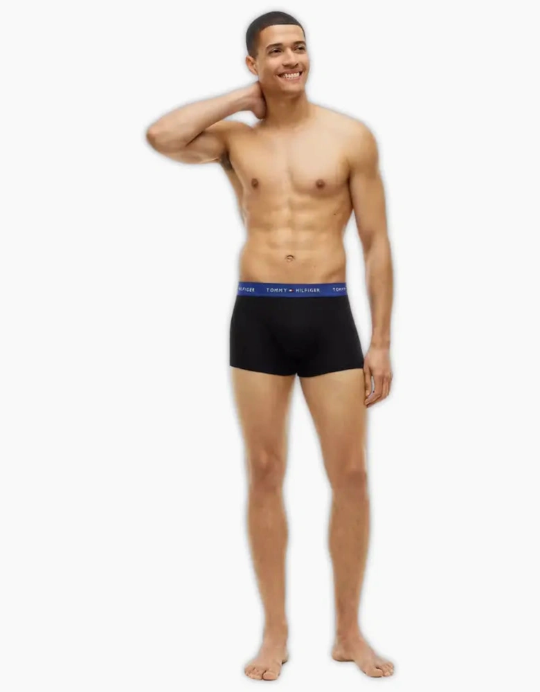 3-Pack Signature Cotton Boxer Trunks, Black w/ blue/burgundy/blue