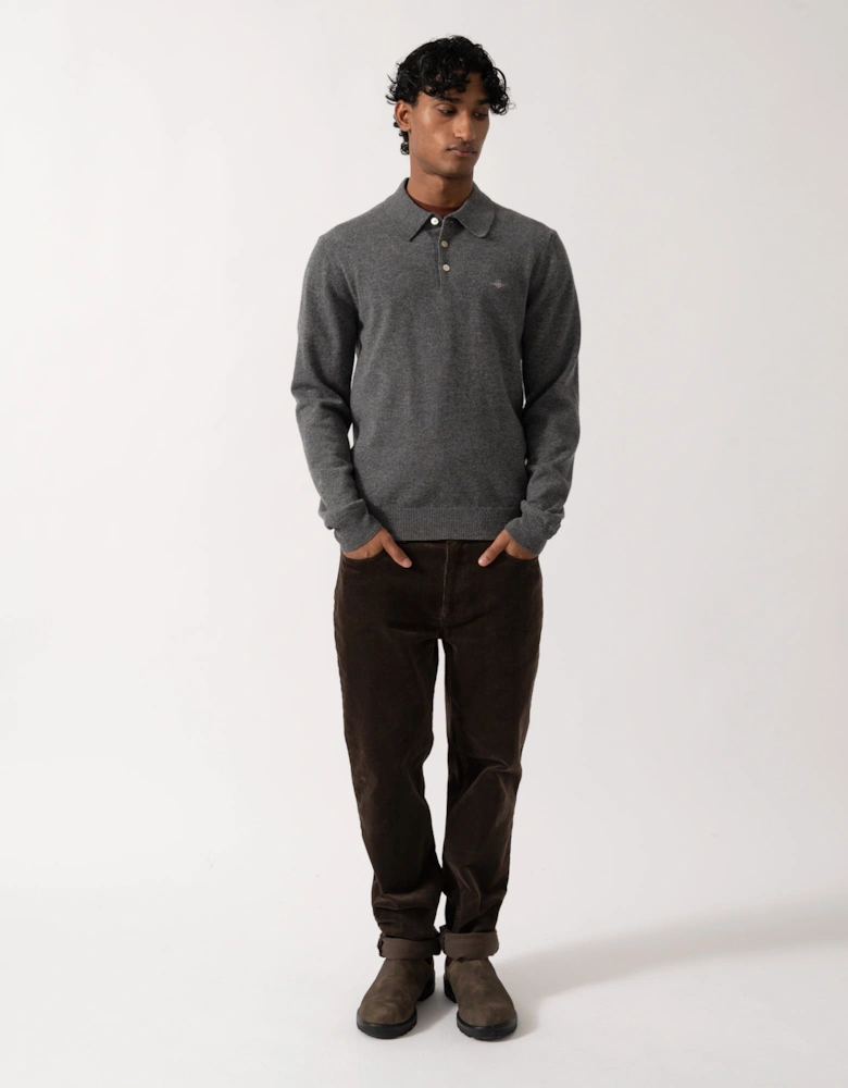 GANT Mens Superfine Lambswool Long Sleeve Polo - 90 Charcoal Melange