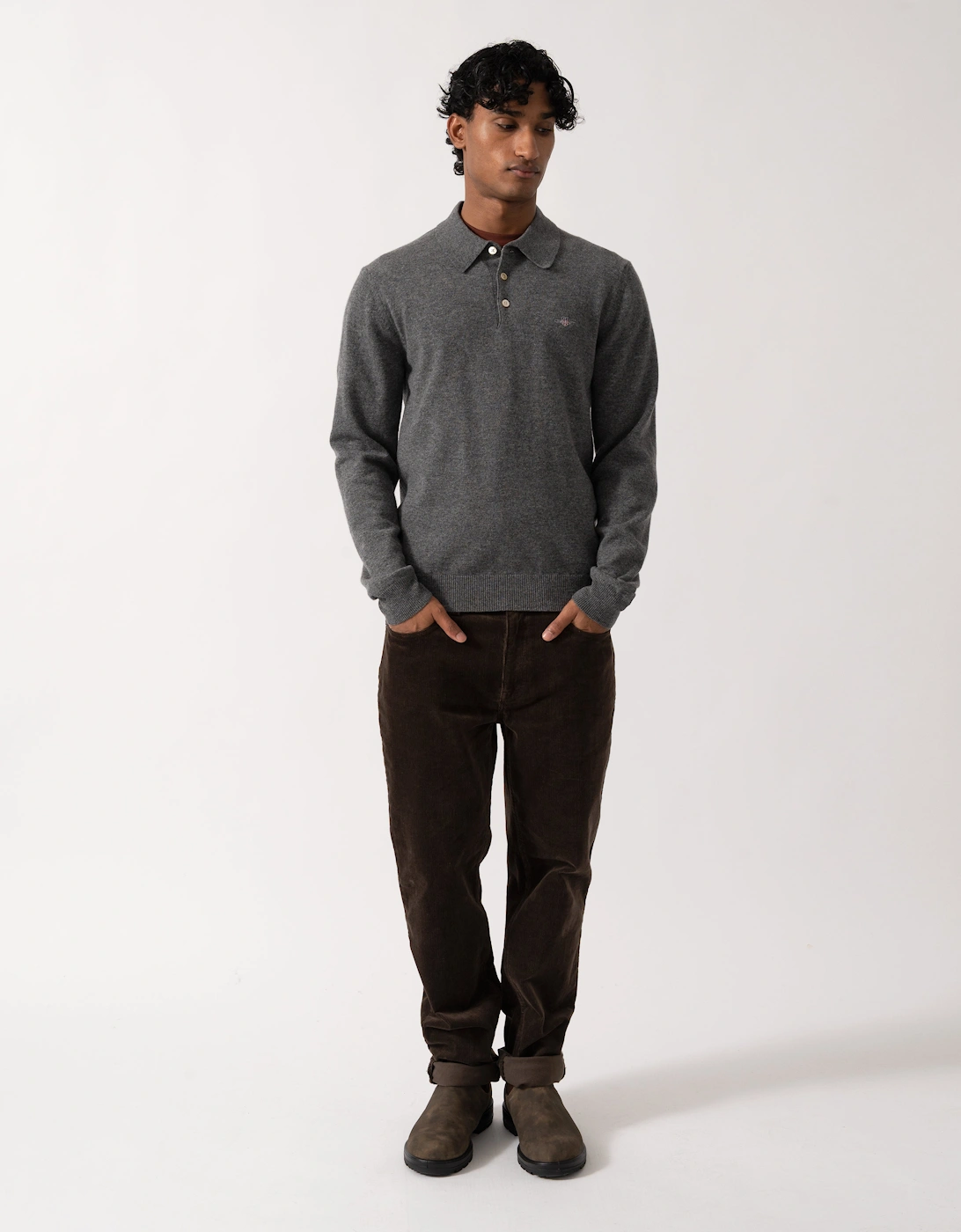GANT Mens Superfine Lambswool Long Sleeve Polo - 90 Charcoal Melange