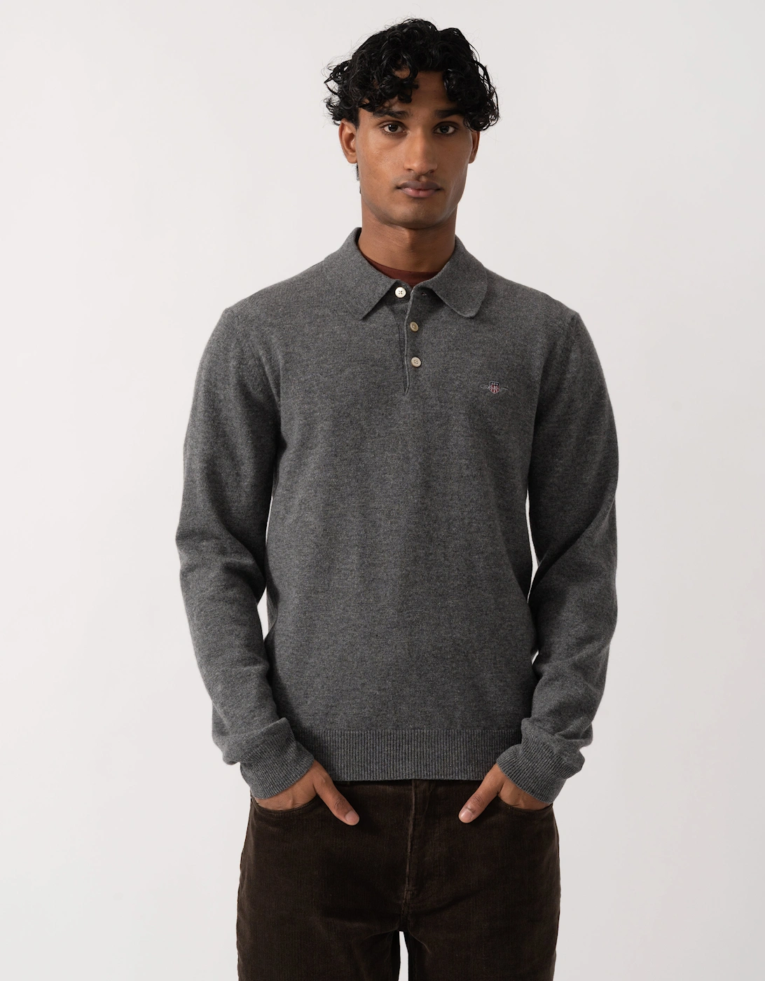 Men's GANT Mens Superfine Lambswool Long Sleeve Polo - 90 Charcoal Melange - Grey - Size: 40