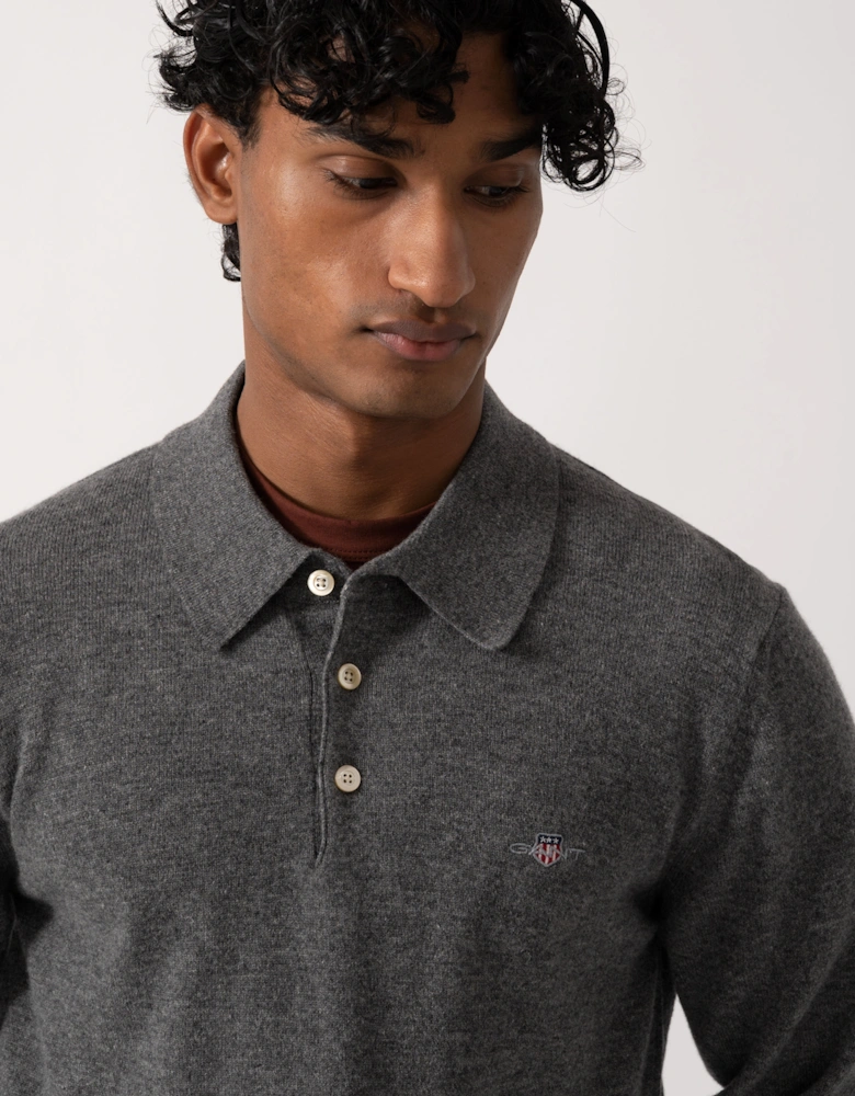 GANT Mens Superfine Lambswool Long Sleeve Polo - 90 Charcoal Melange