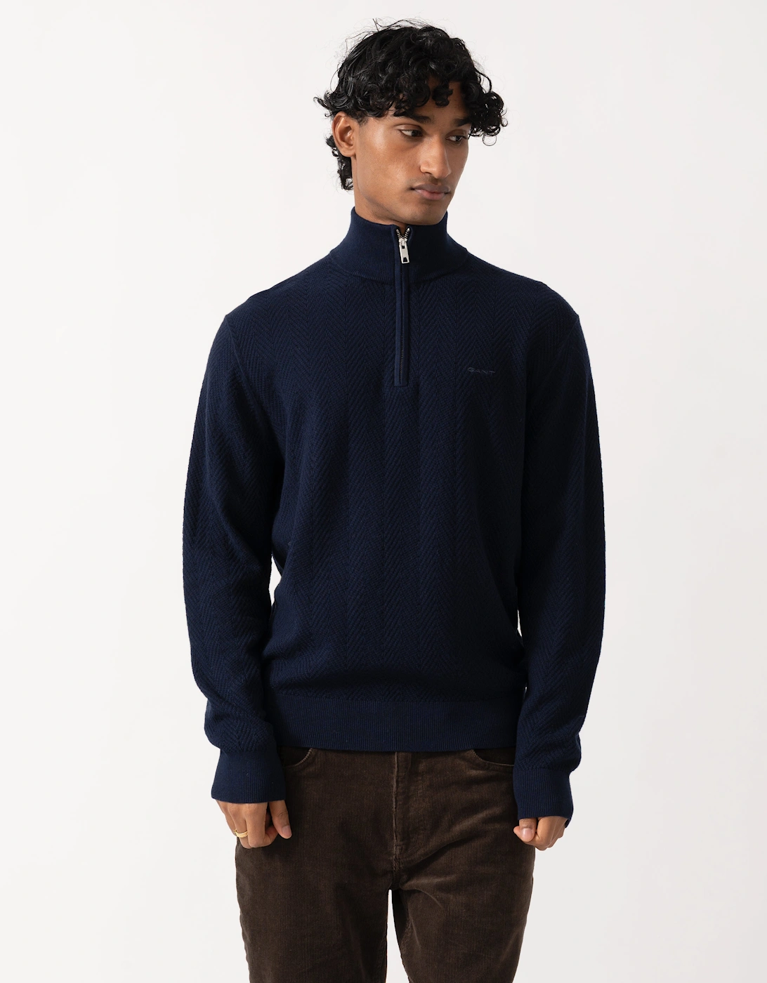 GANT Mens Herringbone Texture Half Zip Sweater - 433 Evening Blue