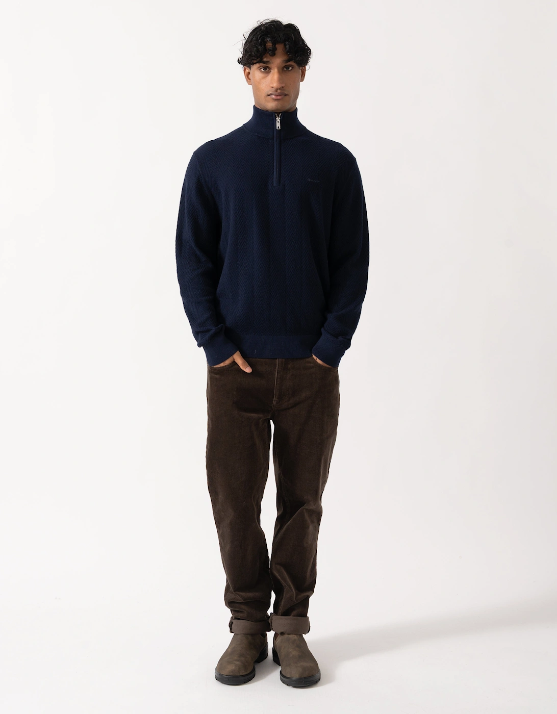 GANT Mens Herringbone Texture Half Zip Sweater - 433 Evening Blue