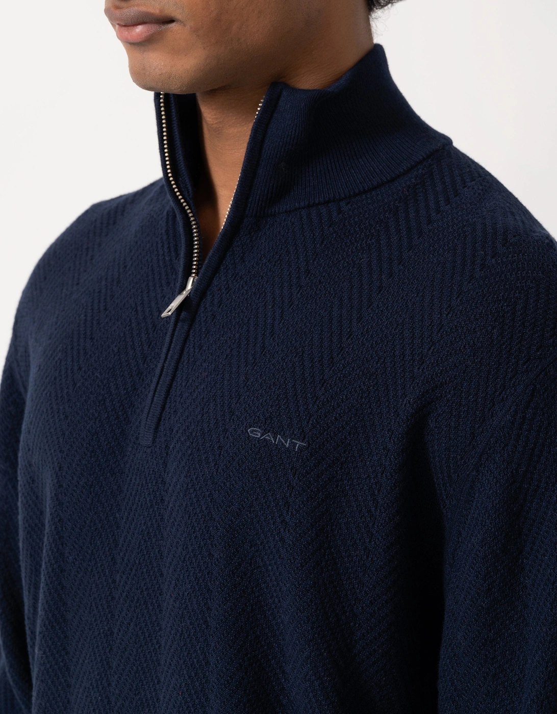 GANT Mens Herringbone Texture Half Zip Sweater - 433 Evening Blue