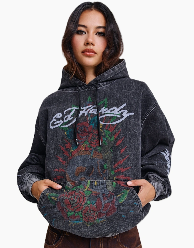 Ed Hardy Skull Roses Oversized Women's Black Hoodie