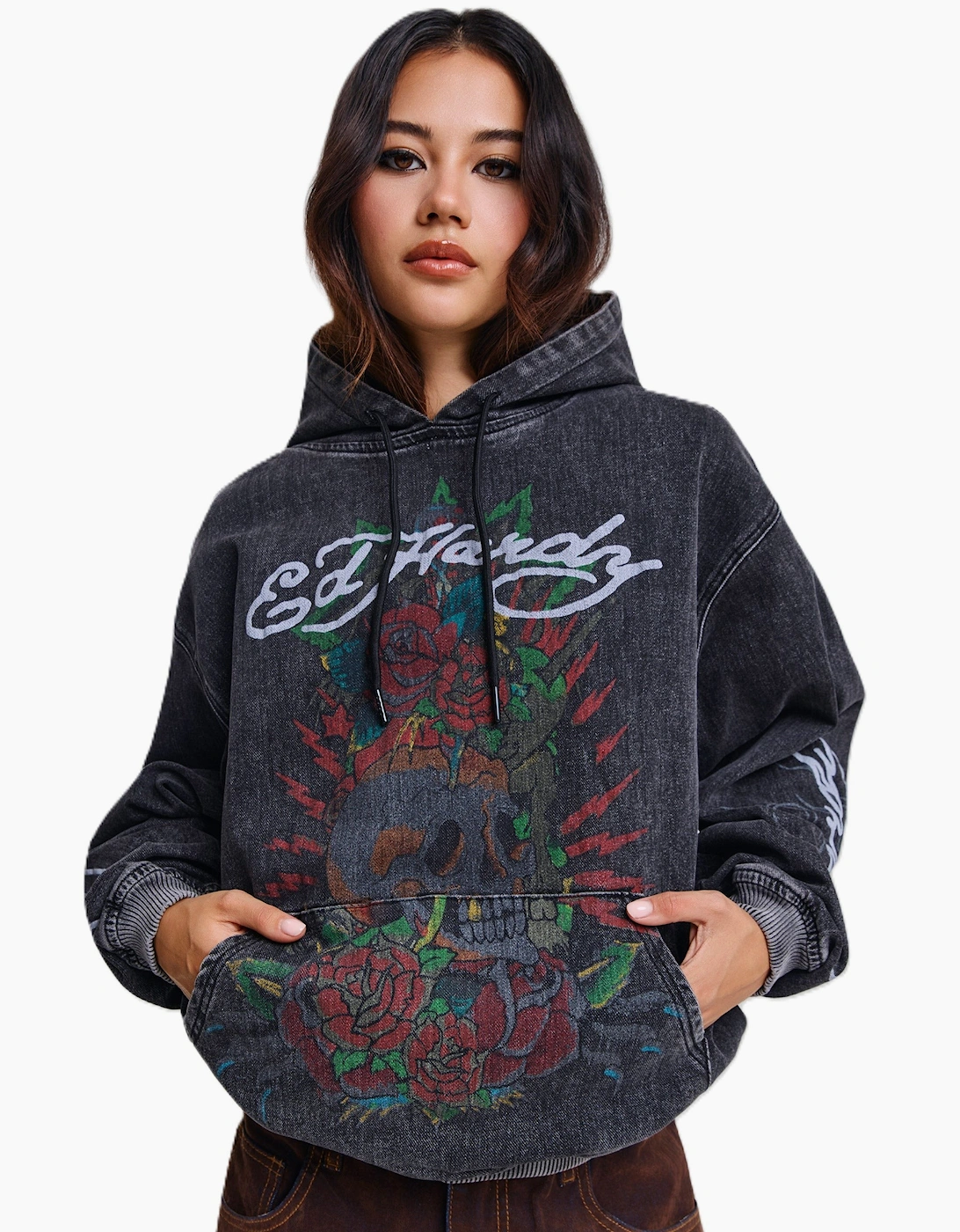 Ed Hardy Skull Roses Oversized Women's Black Hoodie