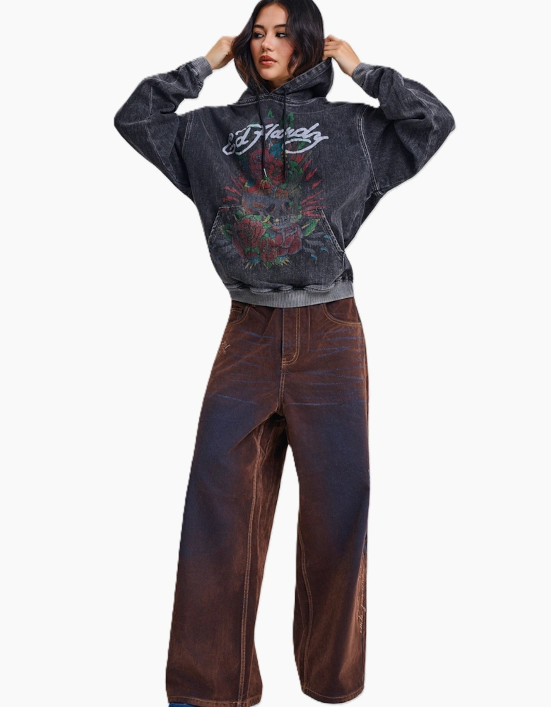 Ed Hardy Skull Roses Oversized Women's Black Hoodie