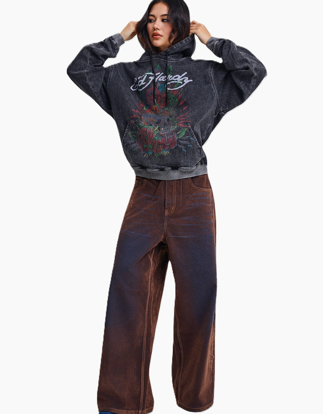 Ed Hardy Skull Roses Oversized Women's Black Hoodie