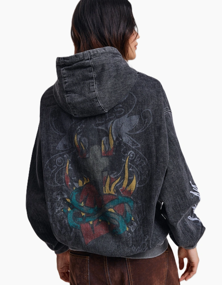 Ed Hardy Skull Roses Oversized Women's Black Hoodie