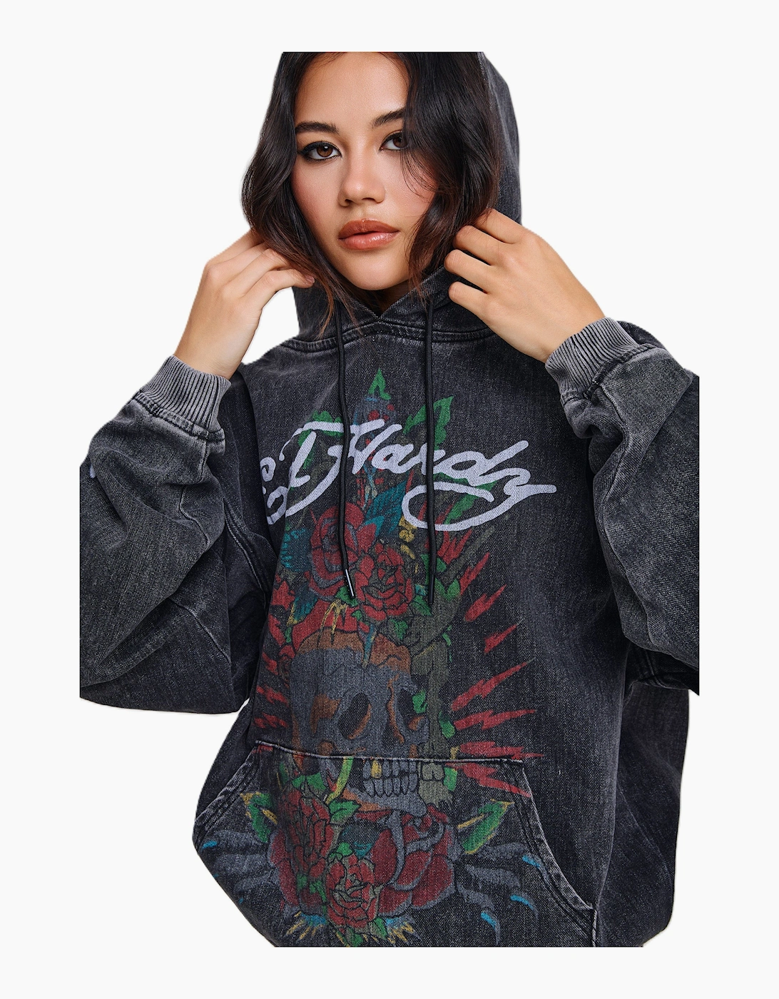 Ed Hardy Skull Roses Oversized Women's Black Hoodie