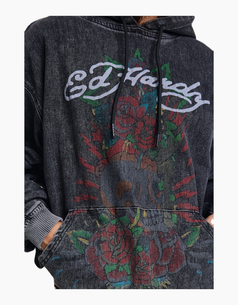 Ed Hardy Skull Roses Oversized Women's Black Hoodie