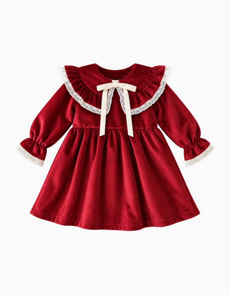 Girls Red Velour Collared Dress