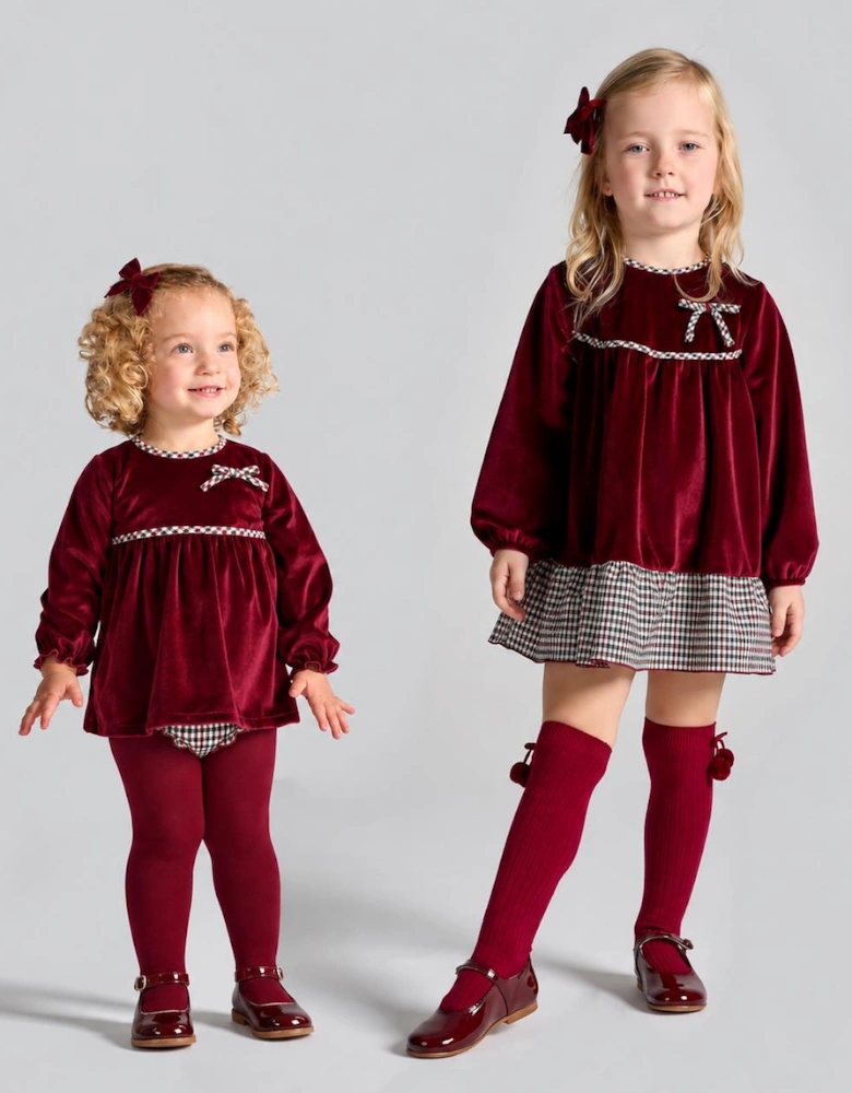 Girls Burgundy Velour Check Dress Set