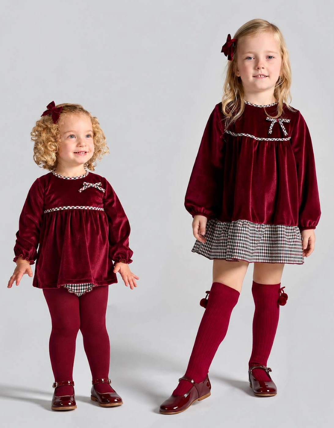 Girls Burgundy Velour Check Dress Set