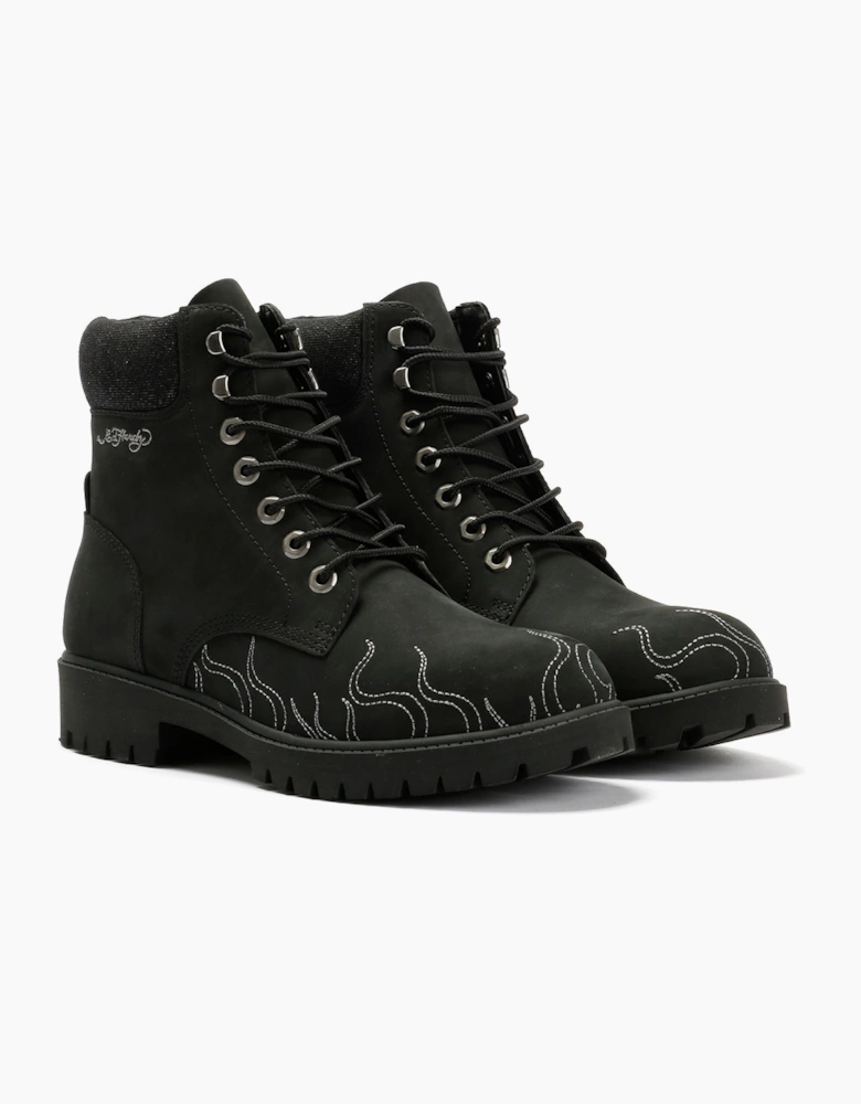 Ed Hardy Embroidered Flames Nubuck Men's Black Boots