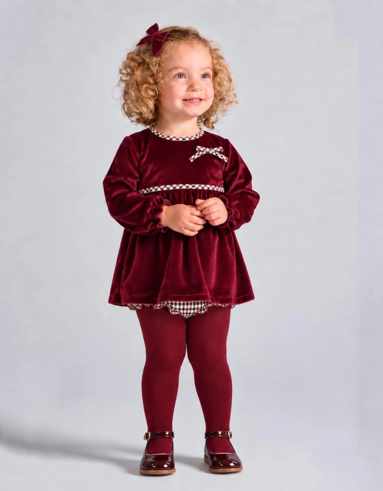 Girls Burgundy Velour Check Dress Set
