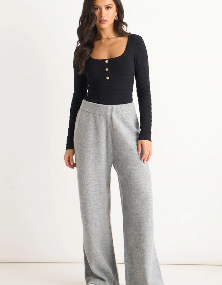 Grey Soft Knit Pull On Wide-Leg Trousers
