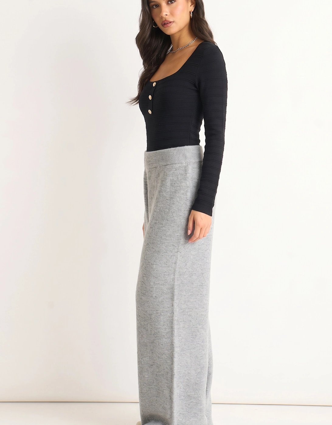 Grey Soft Knit Pull On Wide-Leg Trousers