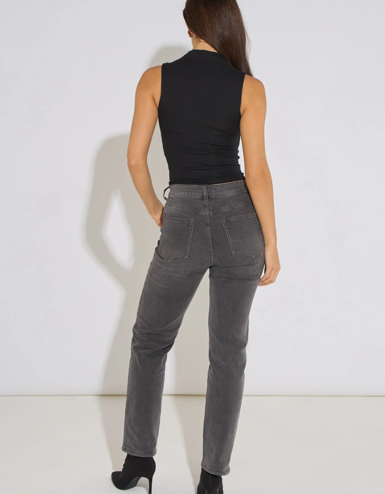 Grey Mid Rise Straight Leg Jeans