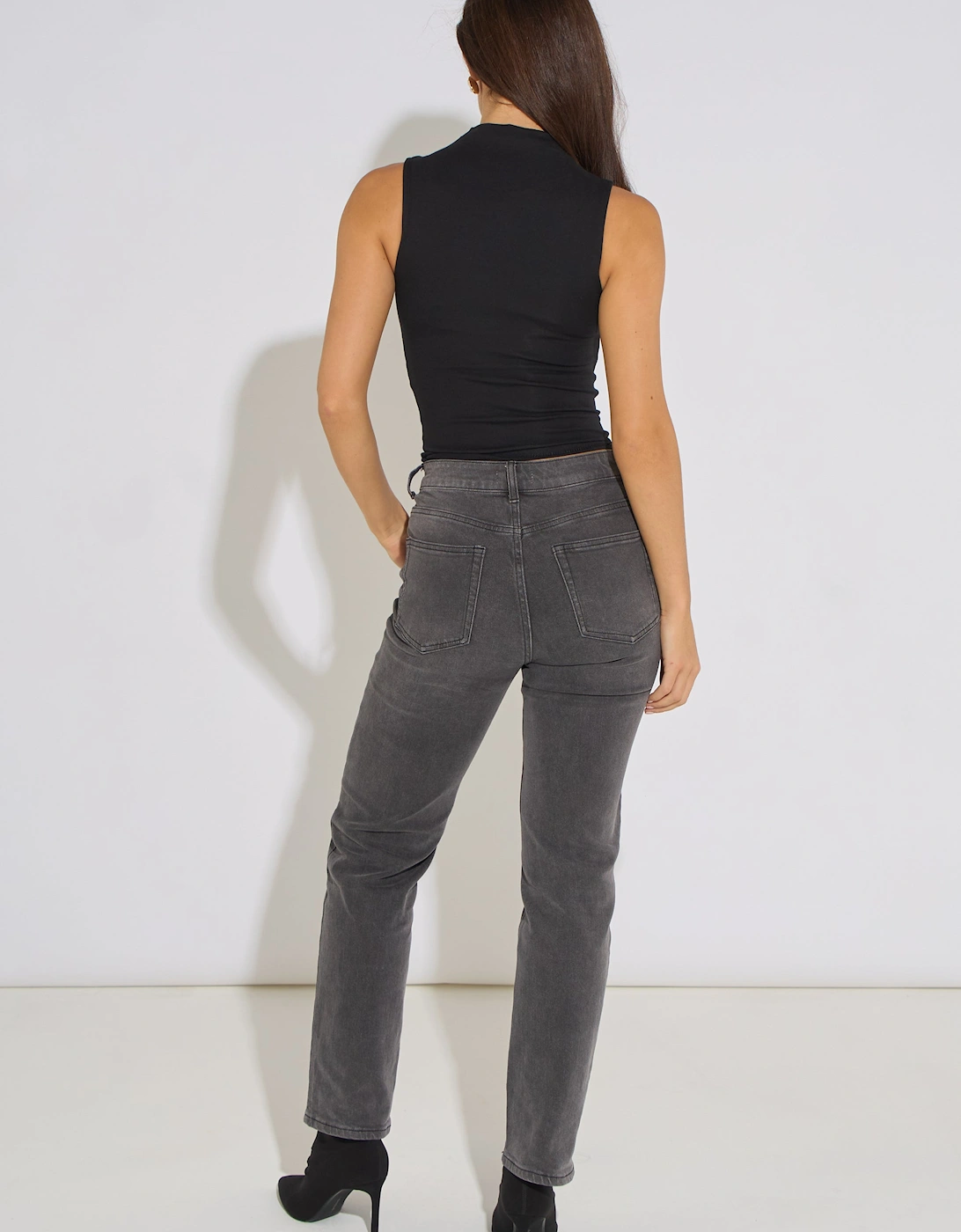 Grey Mid Rise Straight Leg Jeans