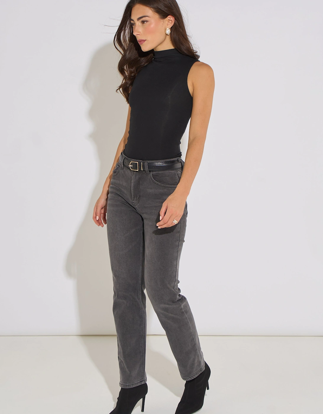 Grey Mid Rise Straight Leg Jeans