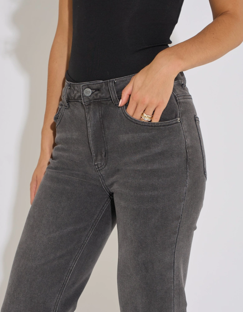 Grey Mid Rise Straight Leg Jeans