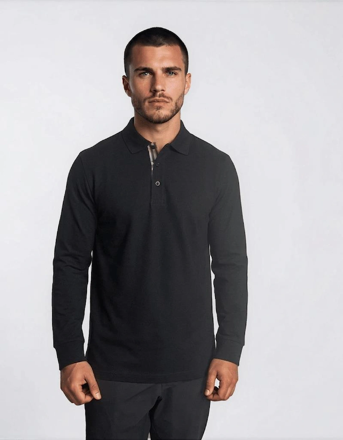 Burberry 'Hartford' Long Sleeved Check Placket Polo-Shirt Black